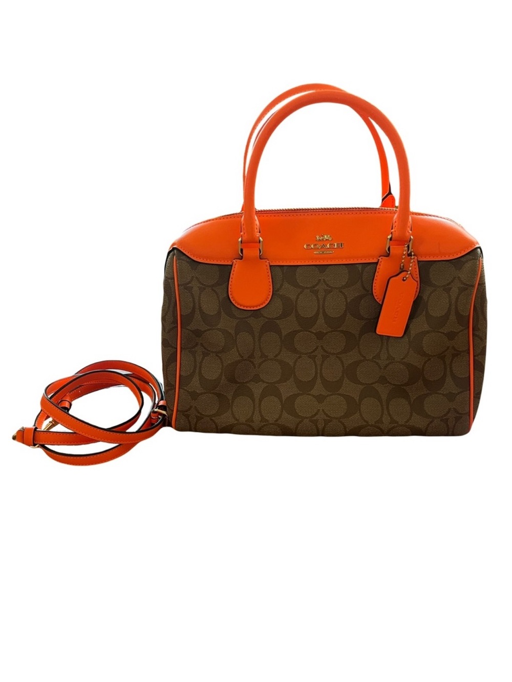 COACH Brown Signature Satchel with Orange Trim